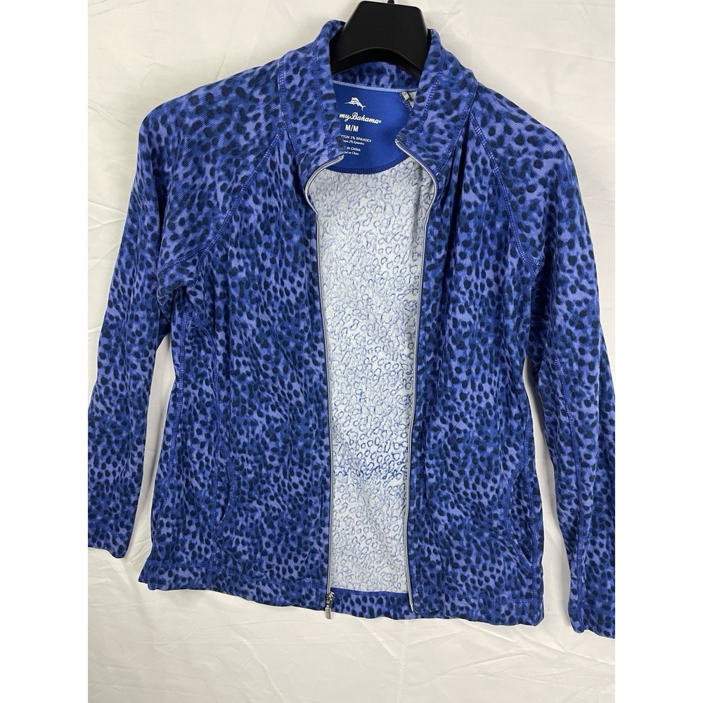 Tommy Bahama Aruba Full Zip Sweatshirt Jacket Women's PS Blue Leopard Cat's Meow